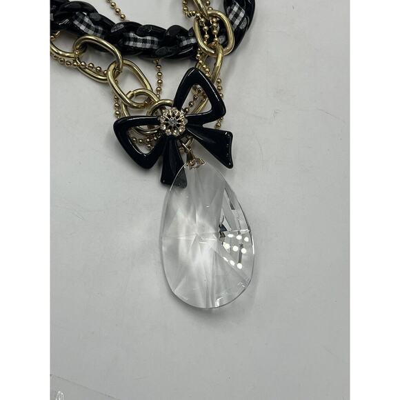 Betsey Johnson Heavy Multistrand Necklace Gold Tone Black White Ribbon Bow Charm - Picture 11 of 14